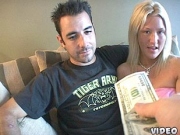 Young blonde cutie gets banged doggie while her man takes the cash and watches
